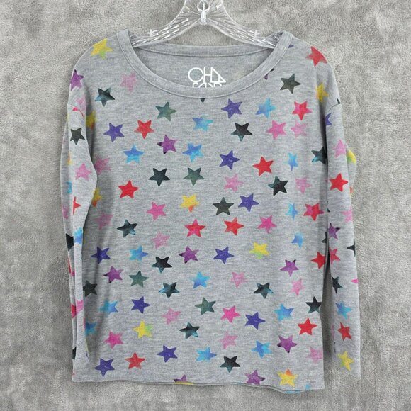 Chaser Sweatshirt Top XS Athletic Grey Colorful Rainbow Star Print Cropped Boxy - Picture 1 of 11